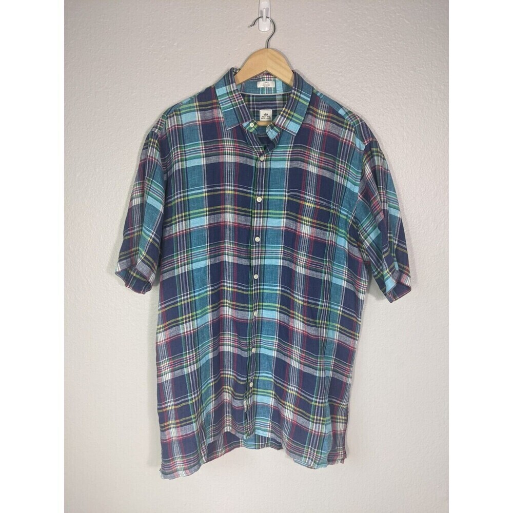Peter Millar Linen Plaid Shirt‎ Short Sleeve Button Front Large